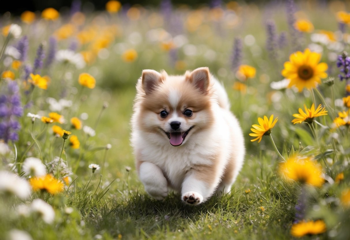 A fluffy Pomeranian puppy playing in a field of wildflowers