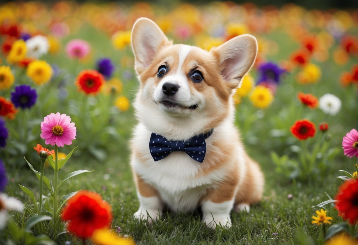 A fluffy corgi puppy wearing a tiny bowtie sits in a field of colorful flowers, looking up with big, soulful eyes