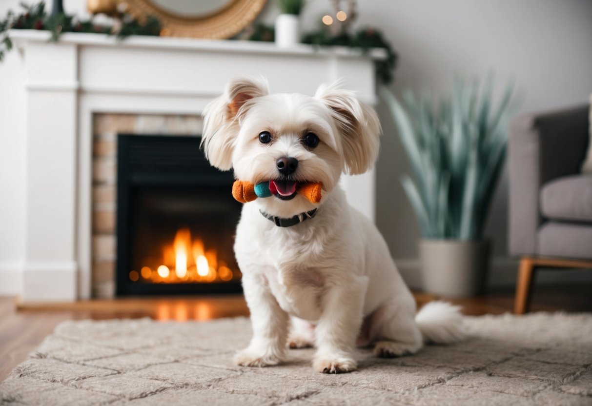 A small fluffy white dog with floppy ears and a wagging tail sitting in front of a cozy fireplace with a toy in its mouth