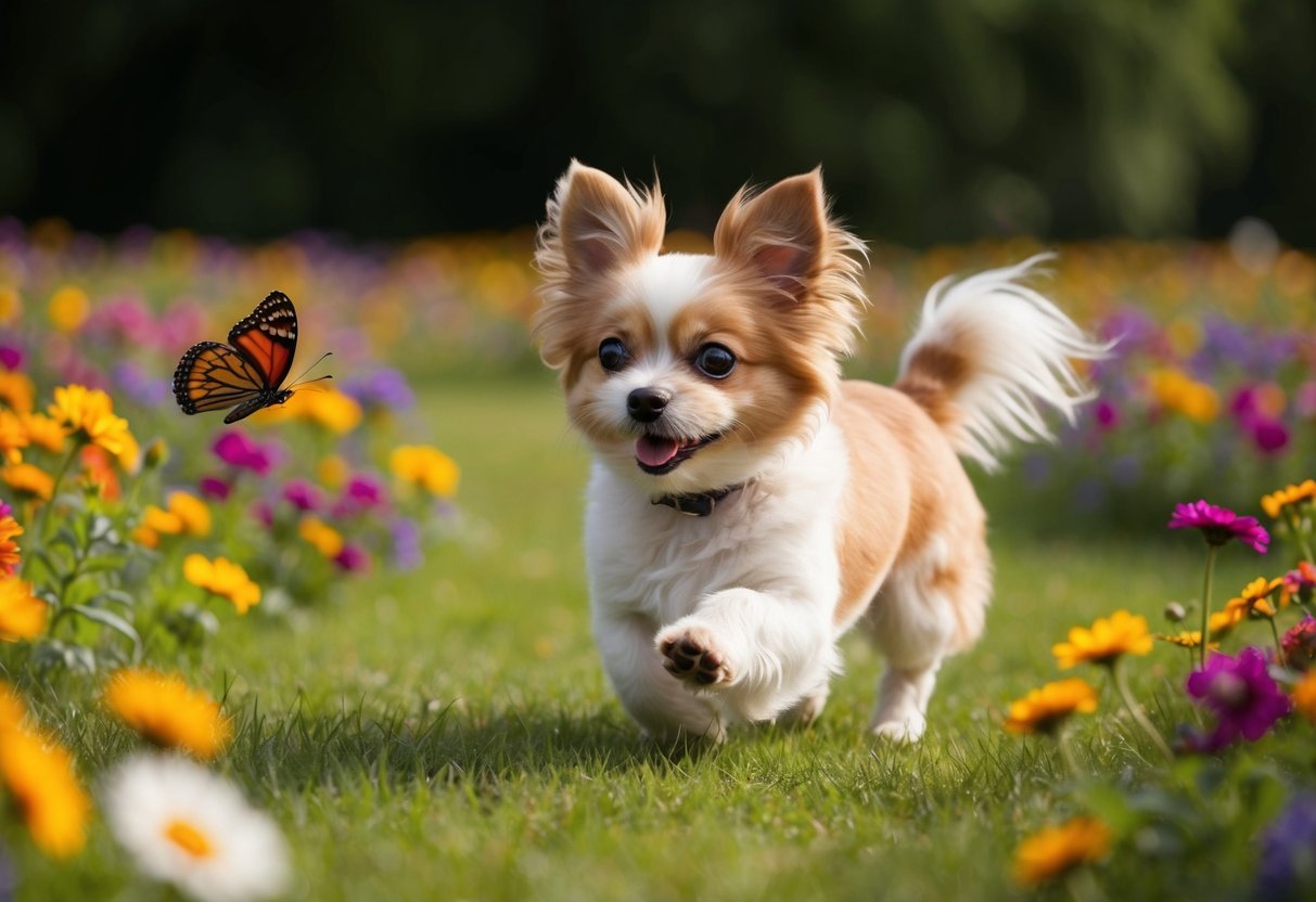 A fluffy, small-sized dog with big, round eyes and floppy ears, wagging its tail while playfully chasing a butterfly in a field of colorful flowers
