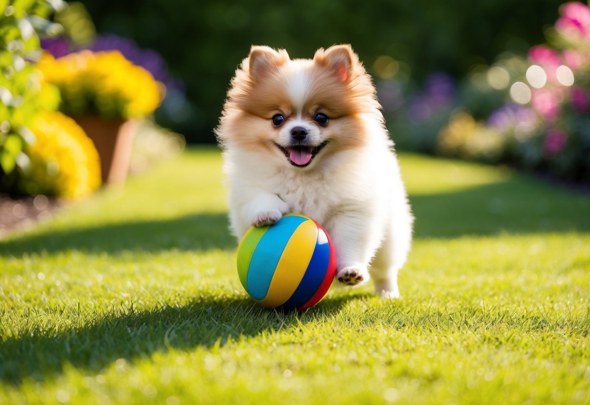 A fluffy, small Pomeranian puppy playing with a colorful ball in a sunlit garden