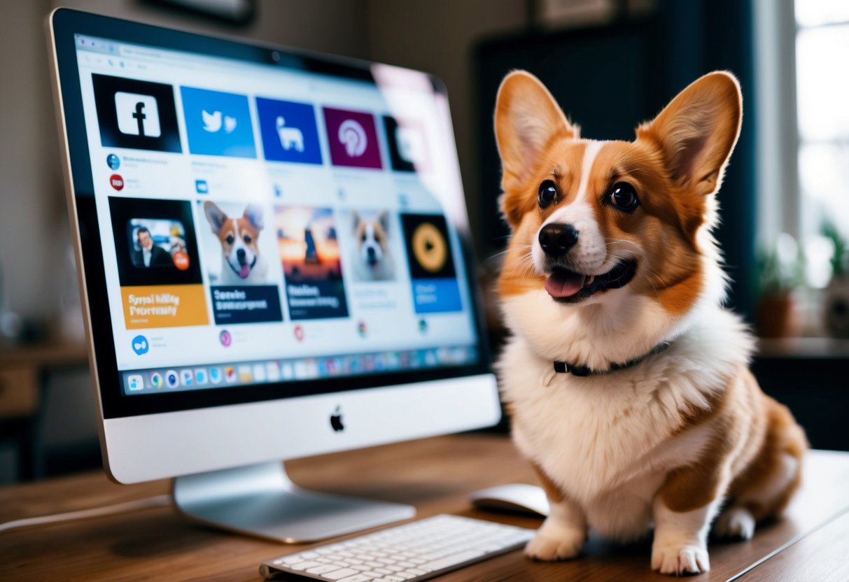 A fluffy corgi with big, expressive eyes sits in front of a computer screen displaying various social media platforms. The dog's adorable face is reflected in the screen as it gazes at the latest trending dog photos