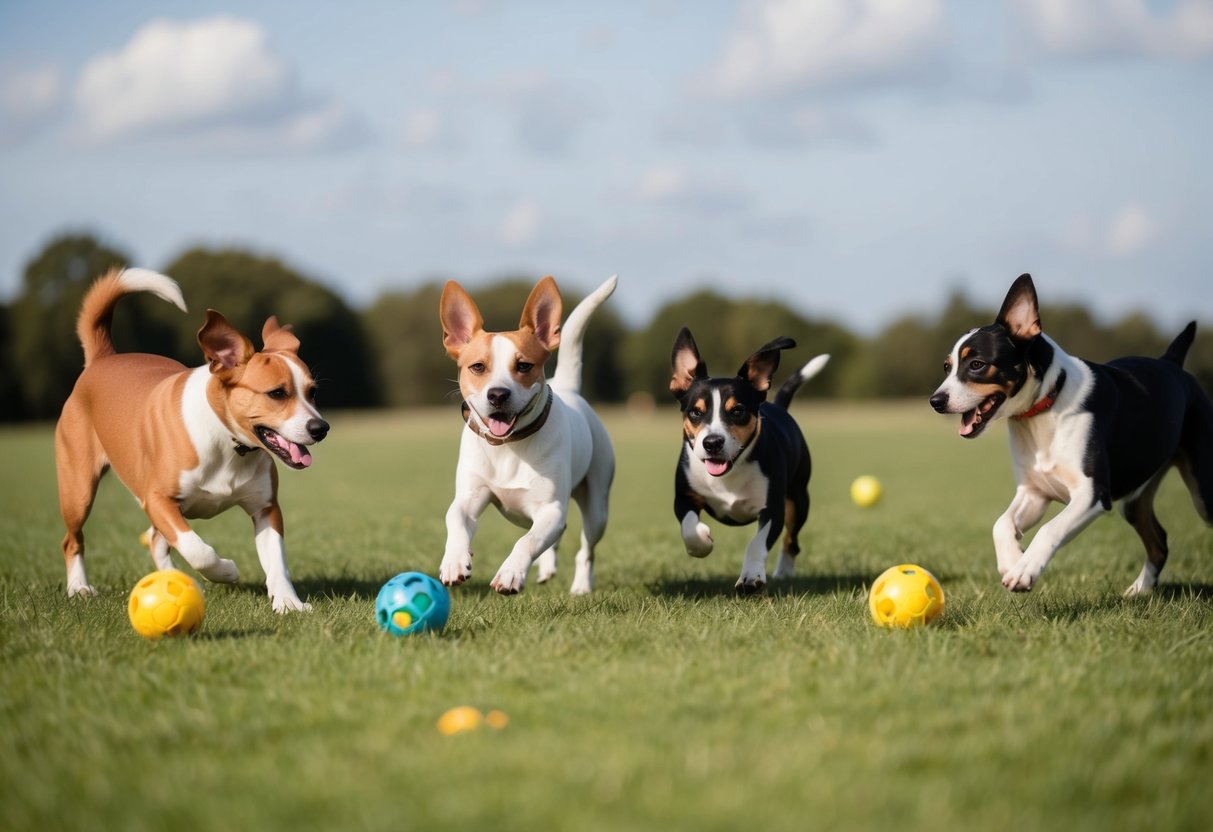 A group of rescue dogs playing in a grassy field, wagging their tails and chasing after toys. One small dog with floppy ears and a wagging tail stands out as the cutest of them all