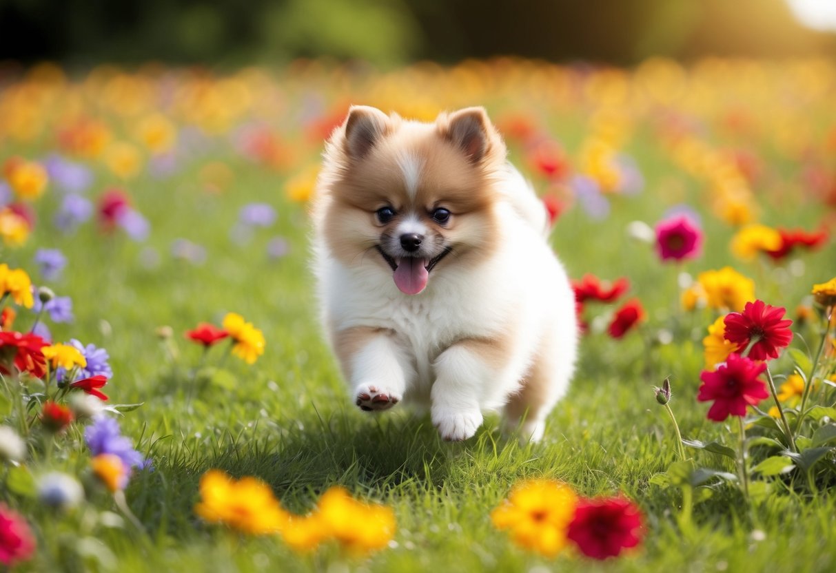 A fluffy Pomeranian puppy playing in a field of colorful flowers
