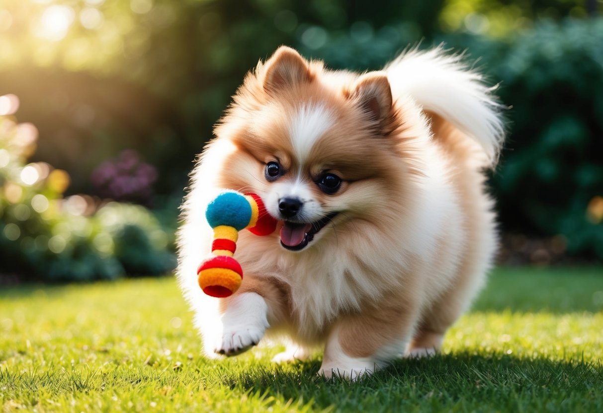 A fluffy Pomeranian puppy playing with a toy in a sunlit garden