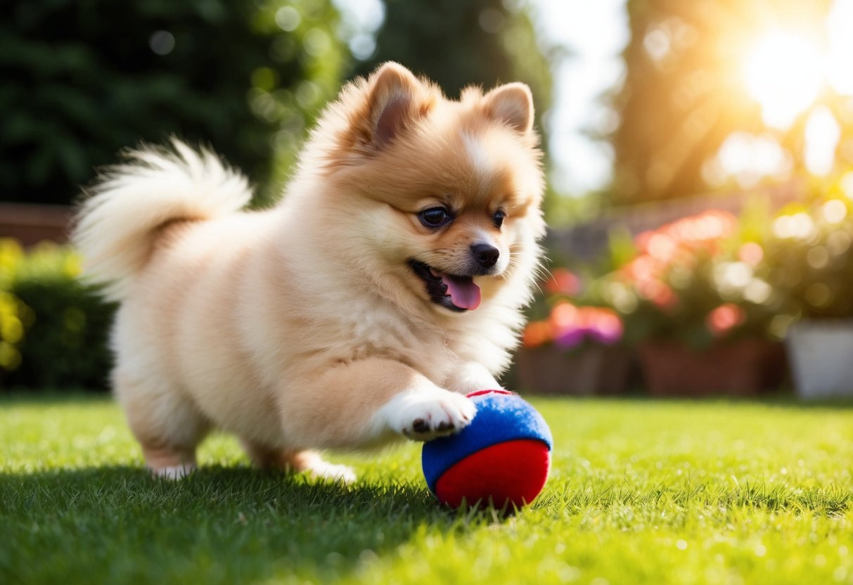 A fluffy Pomeranian puppy playing with a toy in a sunlit garden