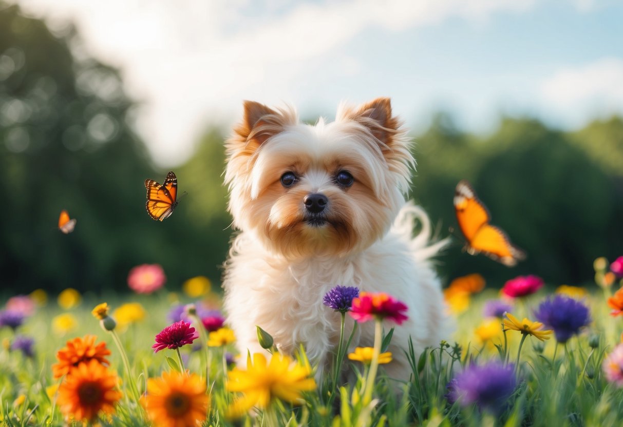 A fluffy, small dog surrounded by colorful flowers and butterflies
