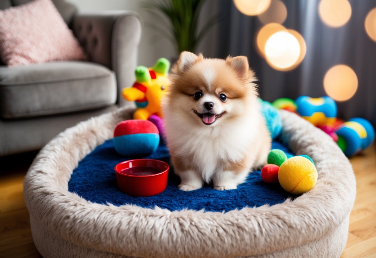 A fluffy Pomeranian puppy sits on a plush bed, surrounded by colorful toys and a bowl of water. Its bright eyes and wagging tail exude pure joy