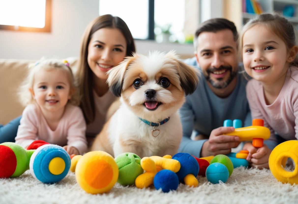 A fluffy, small dog with big, round eyes and a wagging tail, surrounded by colorful toys and a loving family