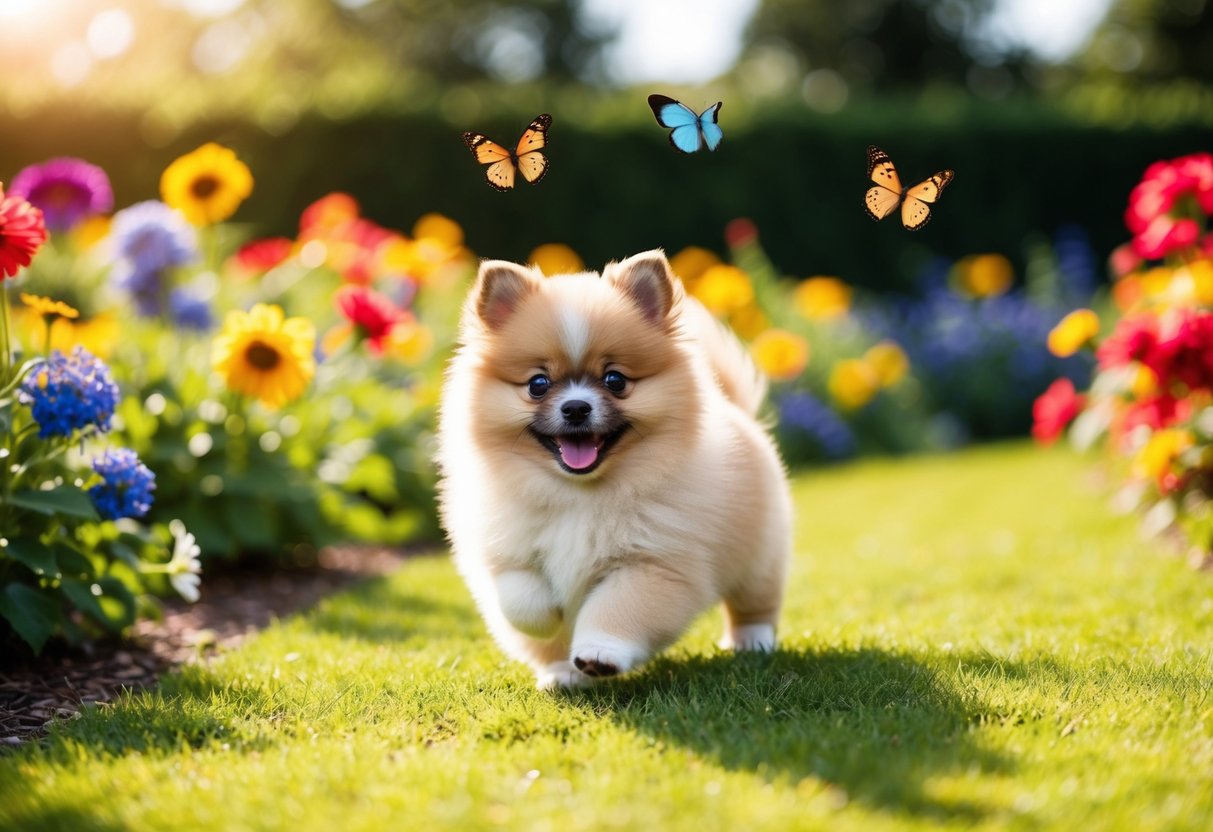 A small, fluffy Pomeranian puppy playing in a sunlit garden, surrounded by colorful flowers and butterflies