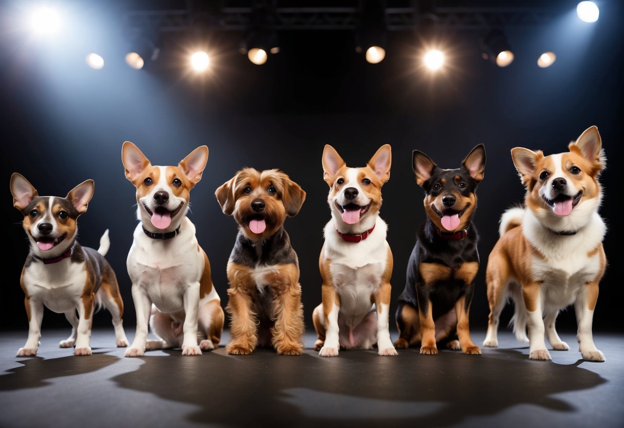 A group of adorable dogs of various breeds stand under a bright spotlight, looking towards the audience with wagging tails and playful expressions