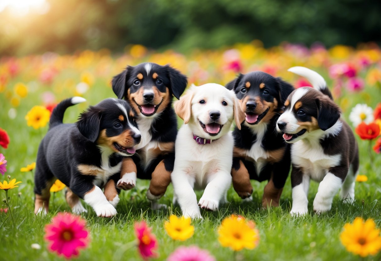 A group of adorable puppies of various breeds playfully interact in a vibrant, flower-filled meadow