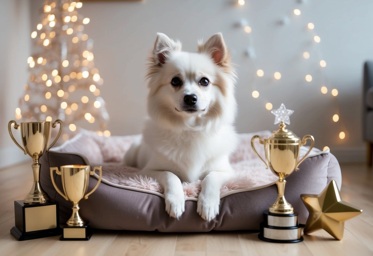 A fluffy white dog with big, soulful eyes sits on a plush bed surrounded by twinkling star-shaped toys and a sparkling trophy