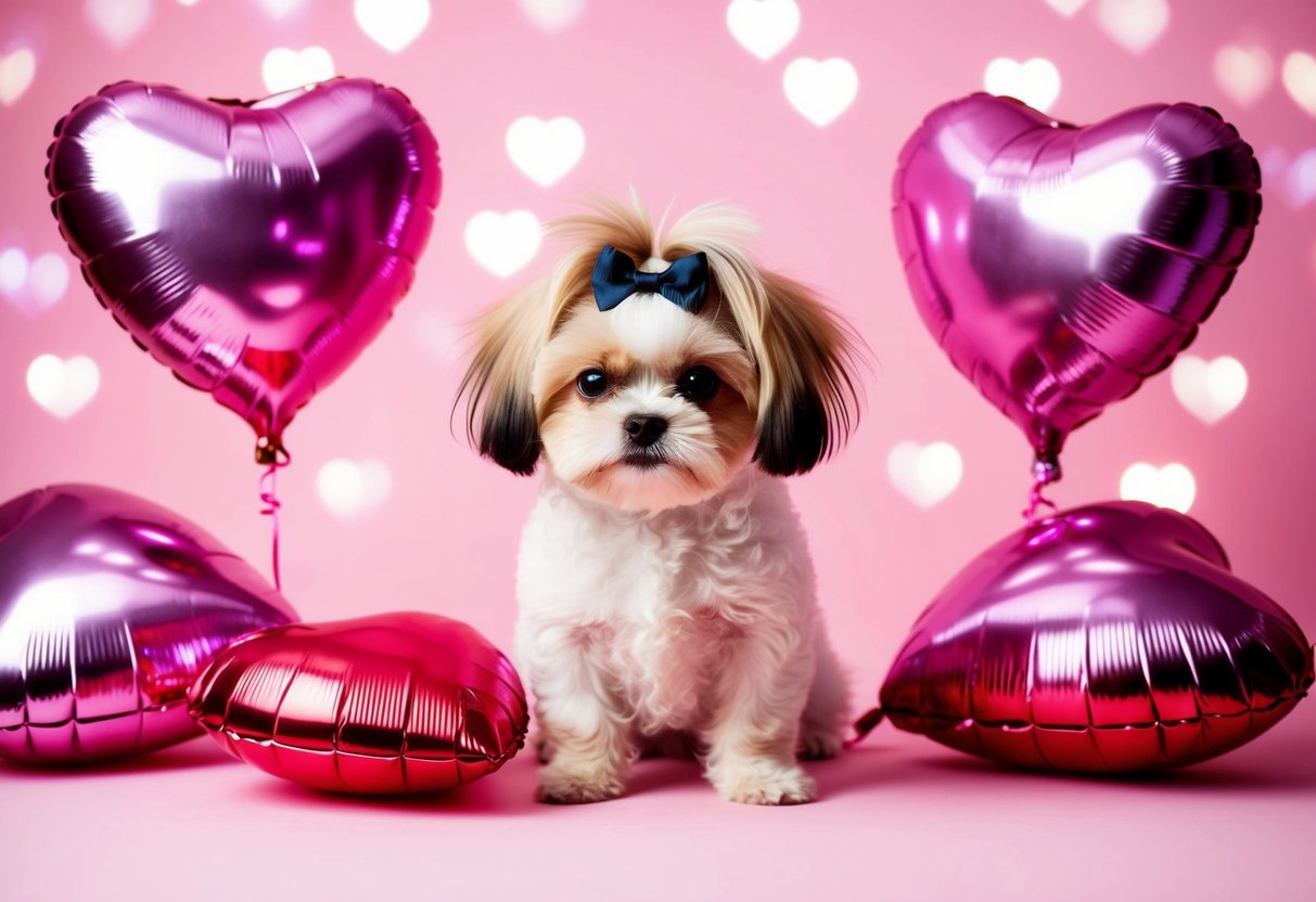 A fluffy, small dog with a bow in its fur, surrounded by heart-shaped balloons and a pink background