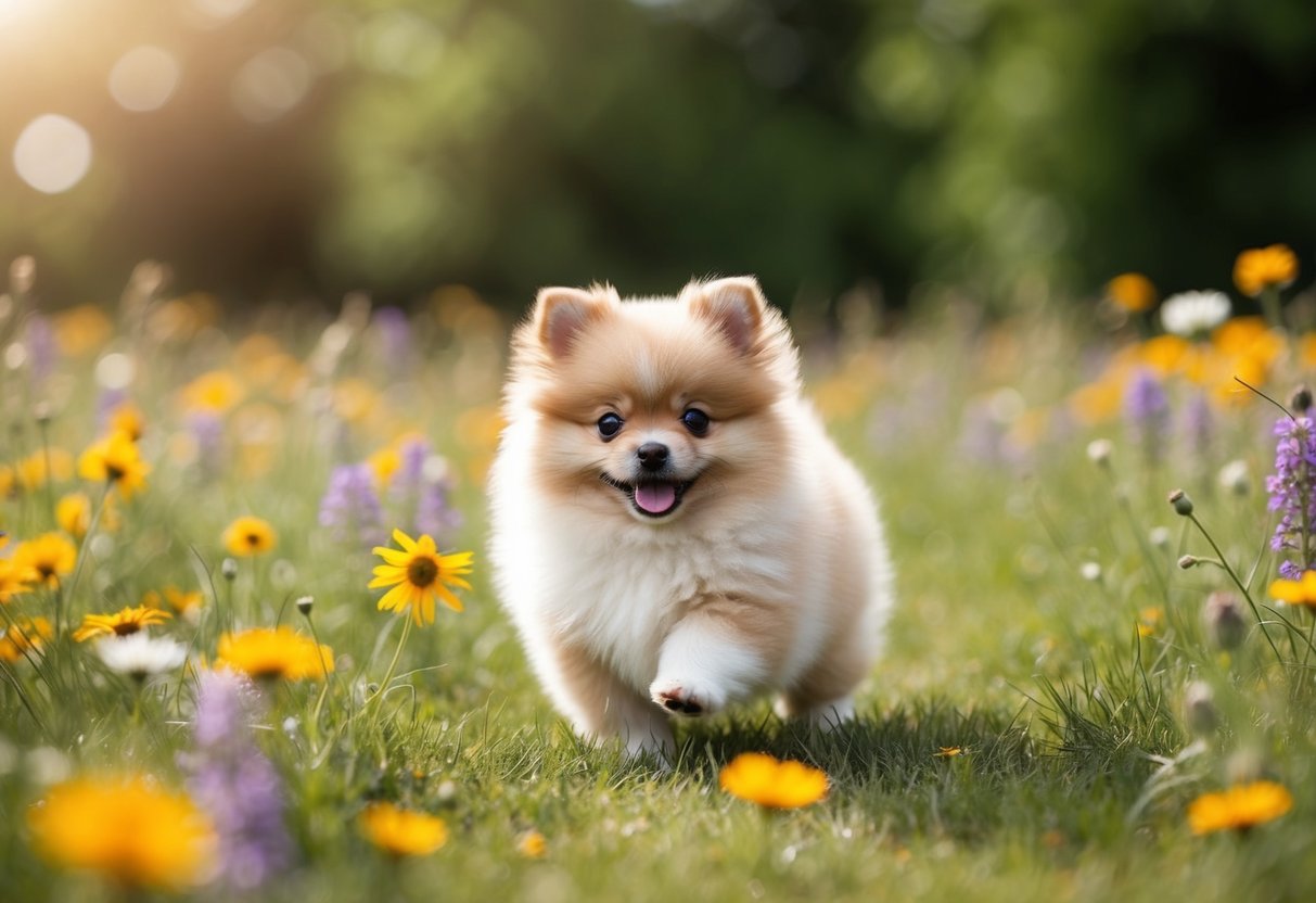 A tiny, fluffy Pomeranian puppy playing in a field of wildflowers