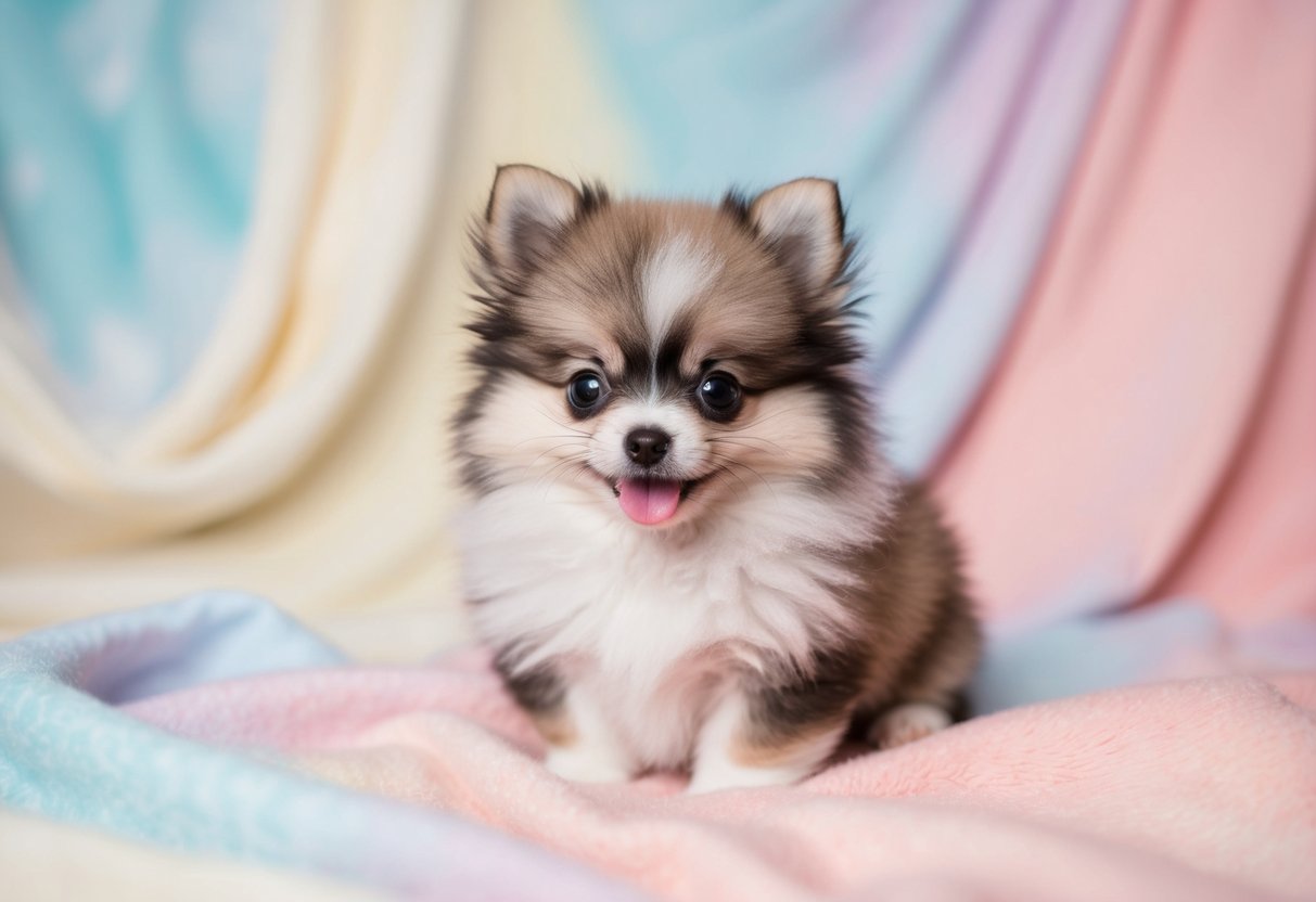 A small, fluffy Pomeranian puppy with big, round eyes and a tiny pink tongue, sitting on a soft, pastel-colored blanket