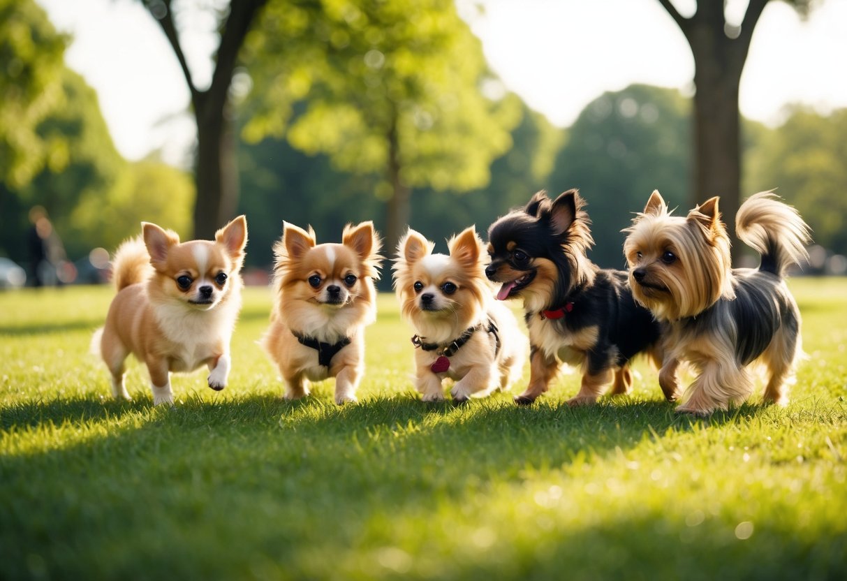 A group of tiny dogs, including a Chihuahua, Pomeranian, and Yorkshire Terrier, playfully interact in a sunlit park