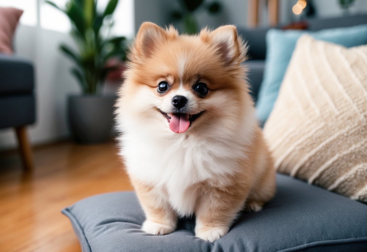 A fluffy Pomeranian puppy with big, round eyes and a tiny pink tongue, wagging its tail while sitting on a cushion