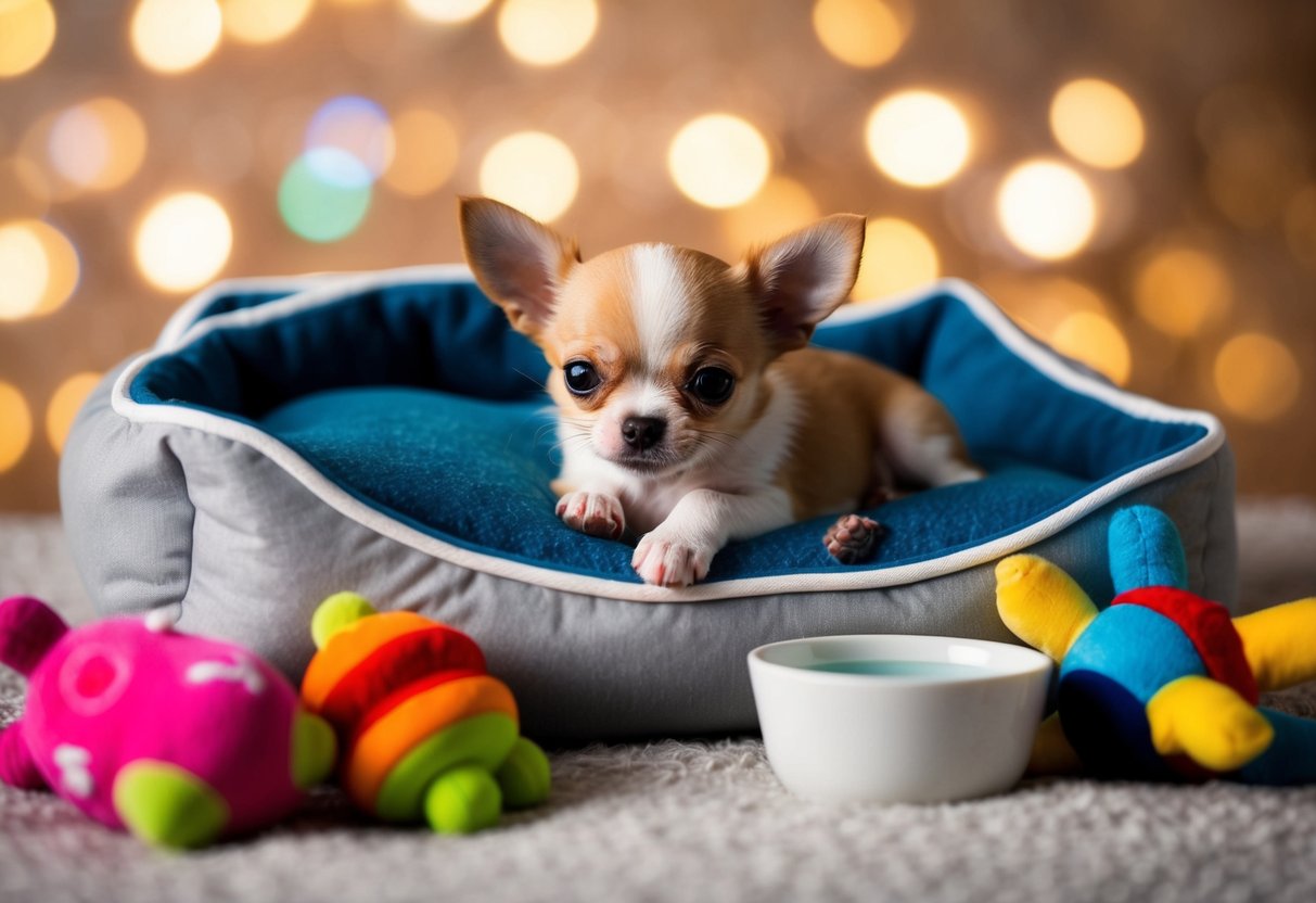 A tiny Chihuahua puppy snuggled in a cozy bed, surrounded by colorful toys and a bowl of water