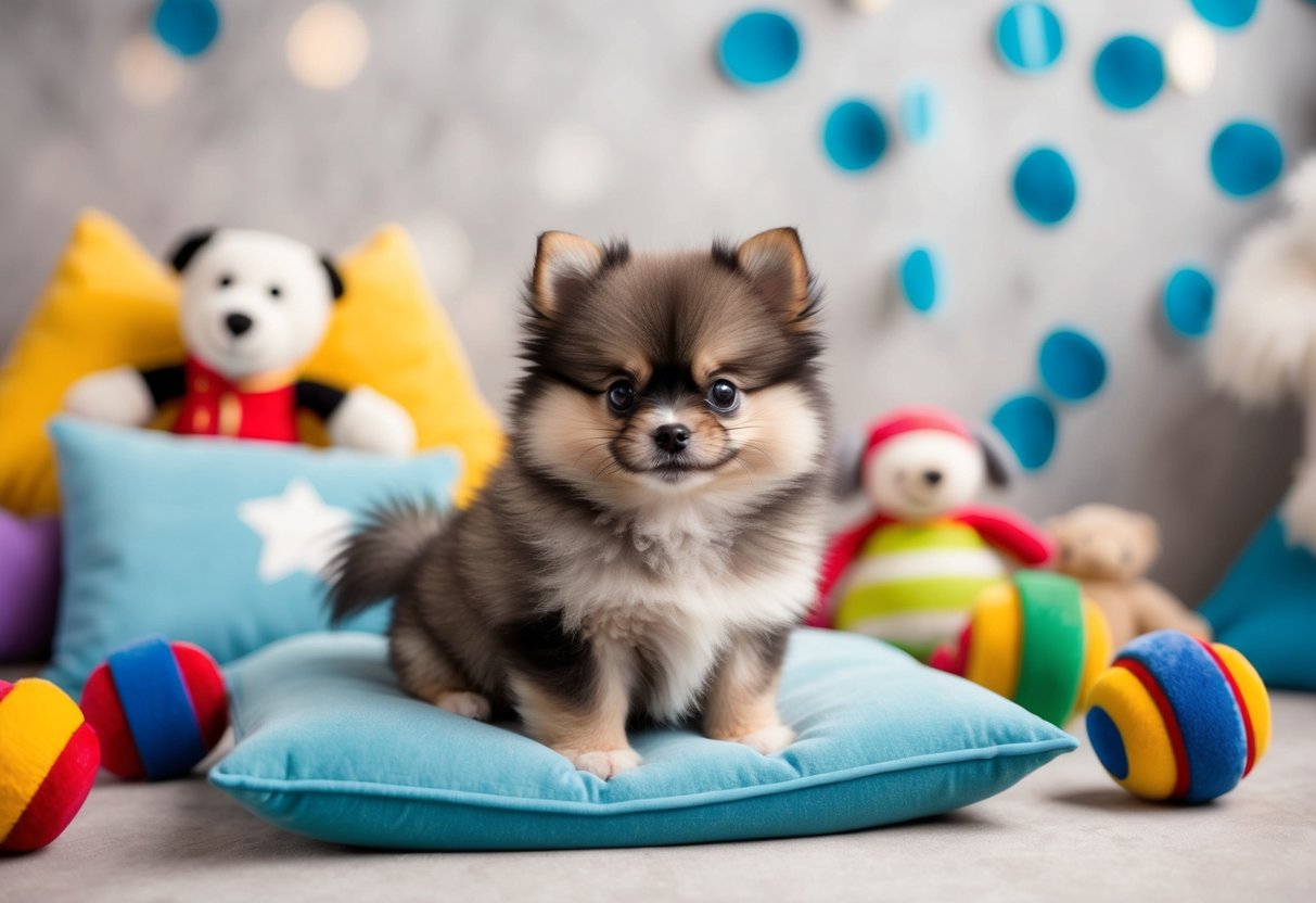 A fluffy Pomeranian puppy with big round eyes and a puffy tail, sitting on a soft cushion surrounded by colorful toys