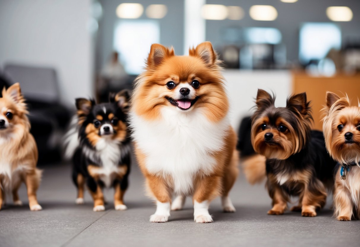 A fluffy Pomeranian stands on hind legs, wagging its tail, while surrounded by other small dogs like Chihuahuas and Yorkshire Terriers