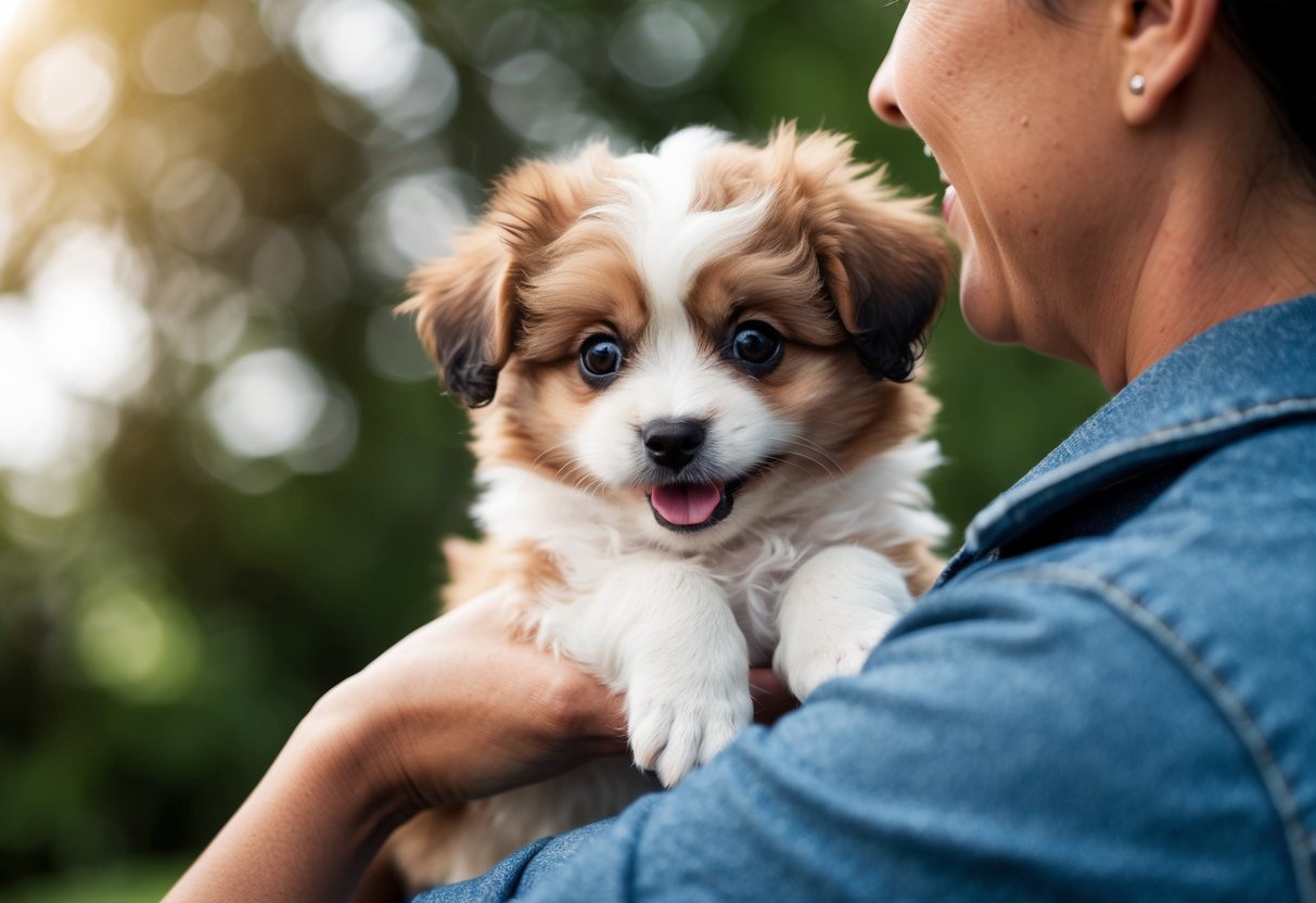 A small fluffy puppy with big bright eyes, wagging its tail while being gently held and cuddled by a caring person