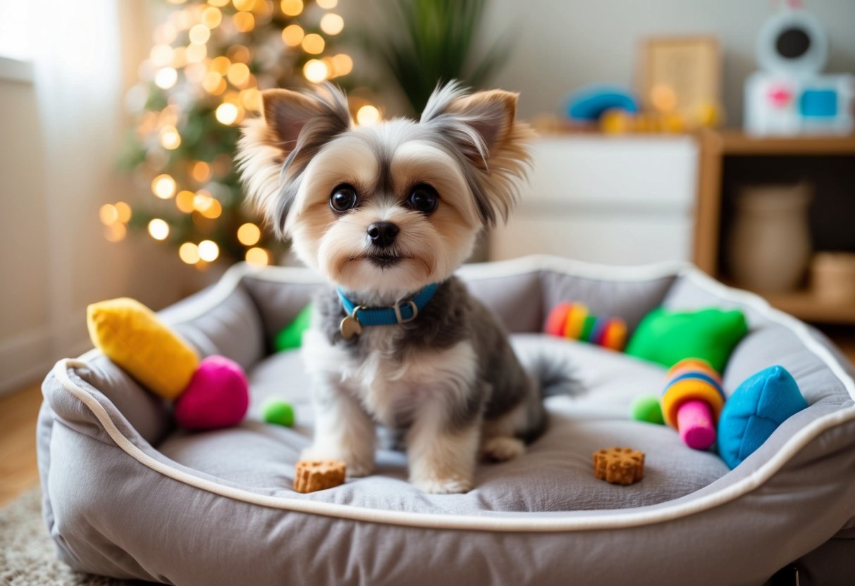 A small fluffy dog with big round eyes, a button nose, and a wagging tail, sitting on a plush bed surrounded by colorful toys and treats