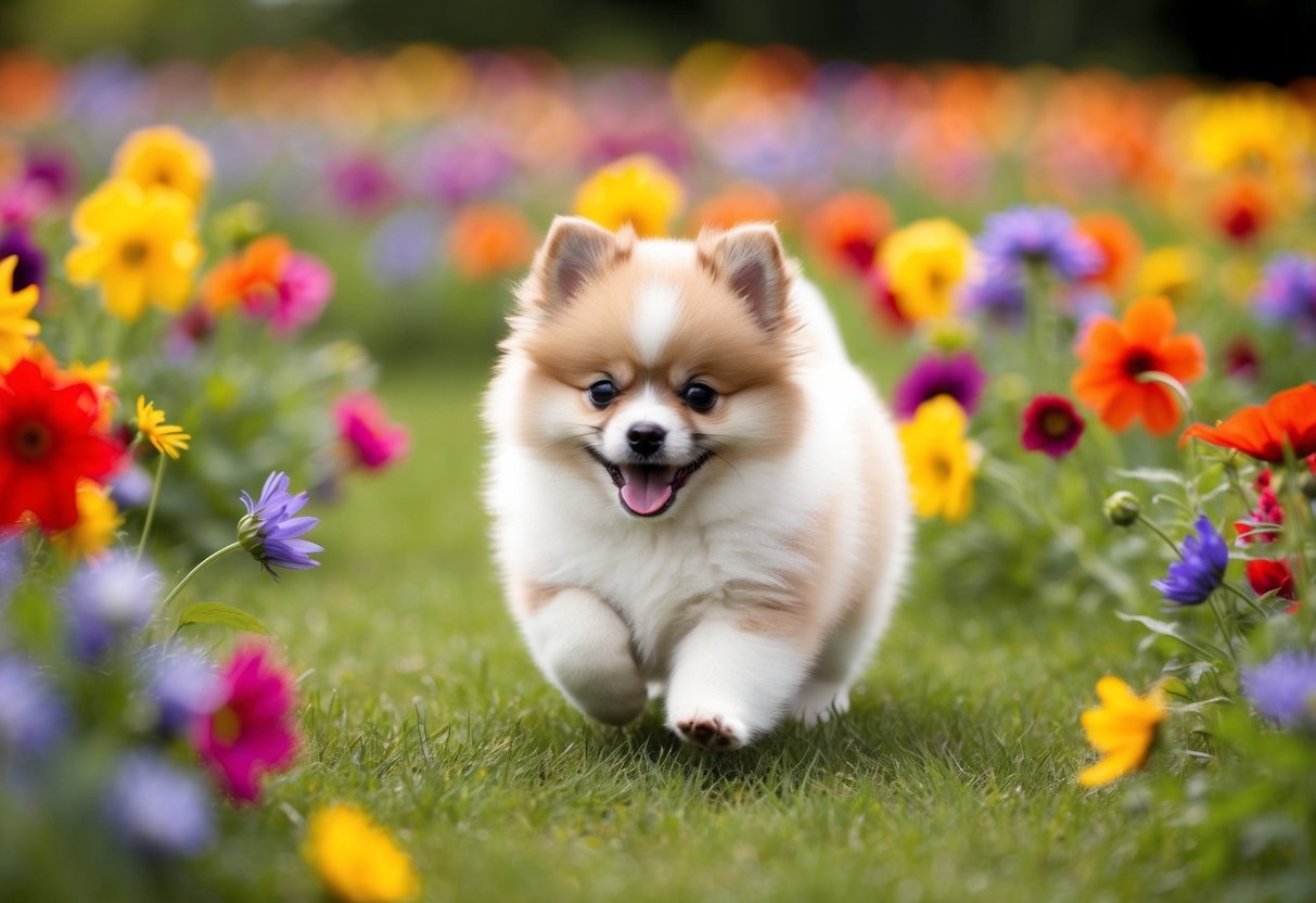 A small fluffy Pomeranian puppy playing in a field of colorful flowers