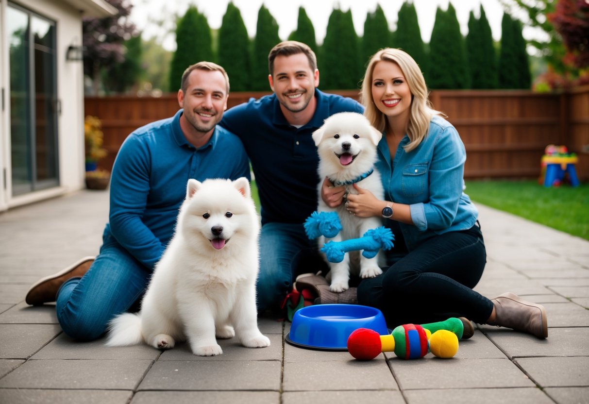 A fluffy white Samoyed puppy sitting beside a smiling family in a spacious backyard, surrounded by toys and a water bowl