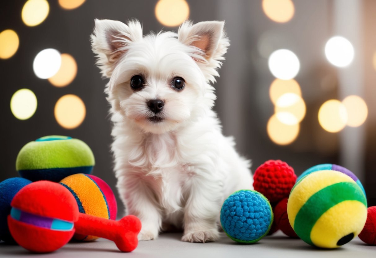 A fluffy white Maltese puppy with big, round eyes, sitting next to a colorful selection of dog toys
