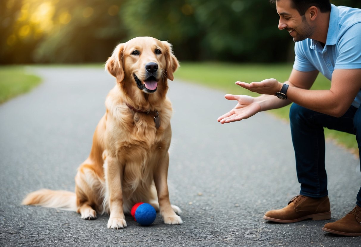 A golden retriever sitting attentively, with a toy at its feet, while its owner gestures towards it with a smile