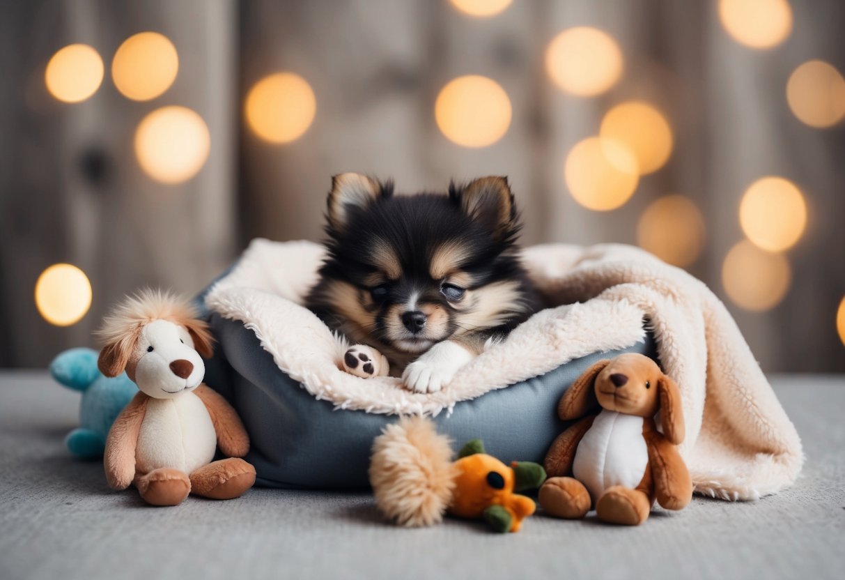 A tiny Pomeranian puppy sleeps in a cozy bed surrounded by plush toys and a soft blanket