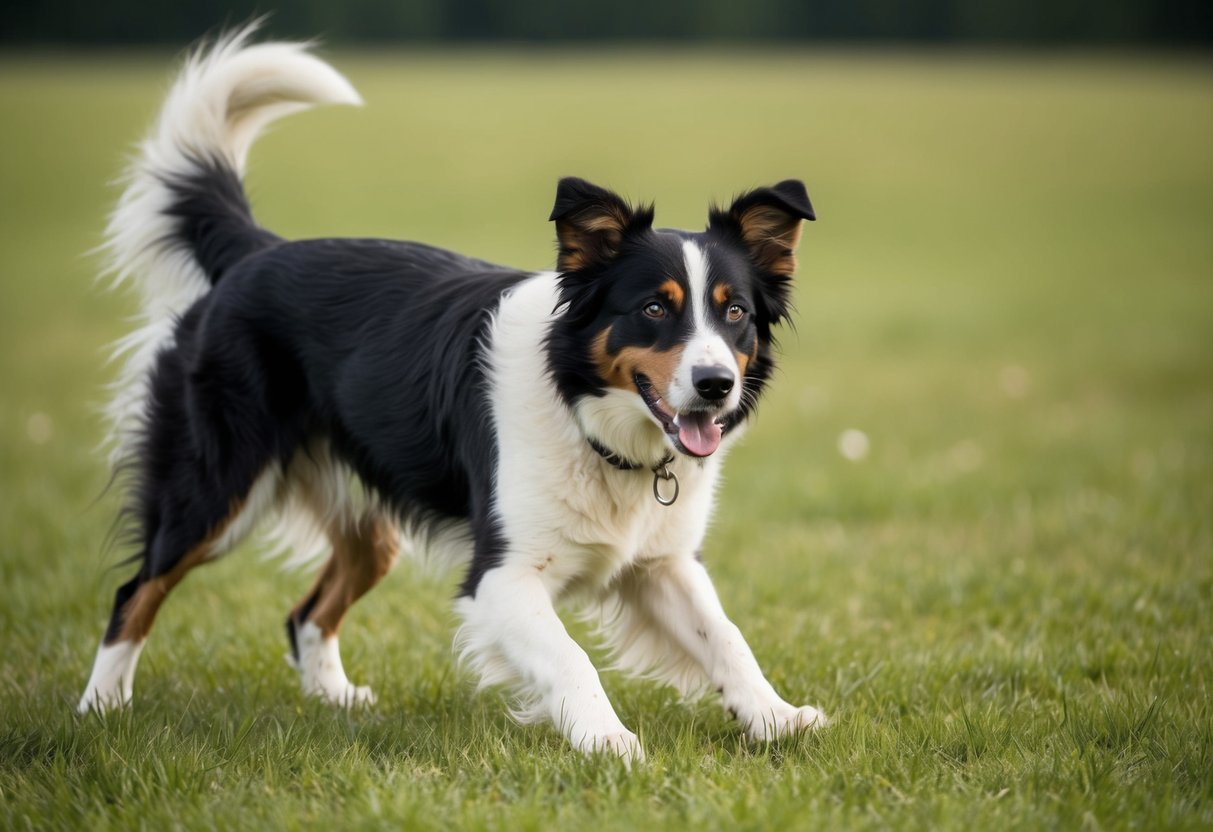 A border collie eagerly performs tricks in a spacious, grassy field. Its attentive eyes and focused stance demonstrate its trainability
