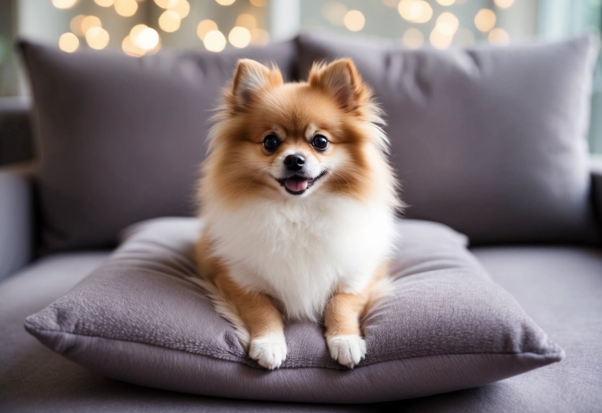 A tiny, fluffy Pomeranian sits on a plush cushion, its bright eyes and perky ears giving it an adorable and endearing appearance