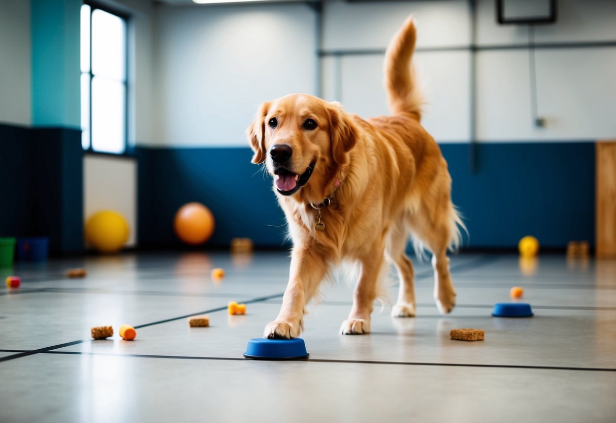A golden retriever eagerly follows commands in a spacious, well-lit training room, with treats and toys scattered around