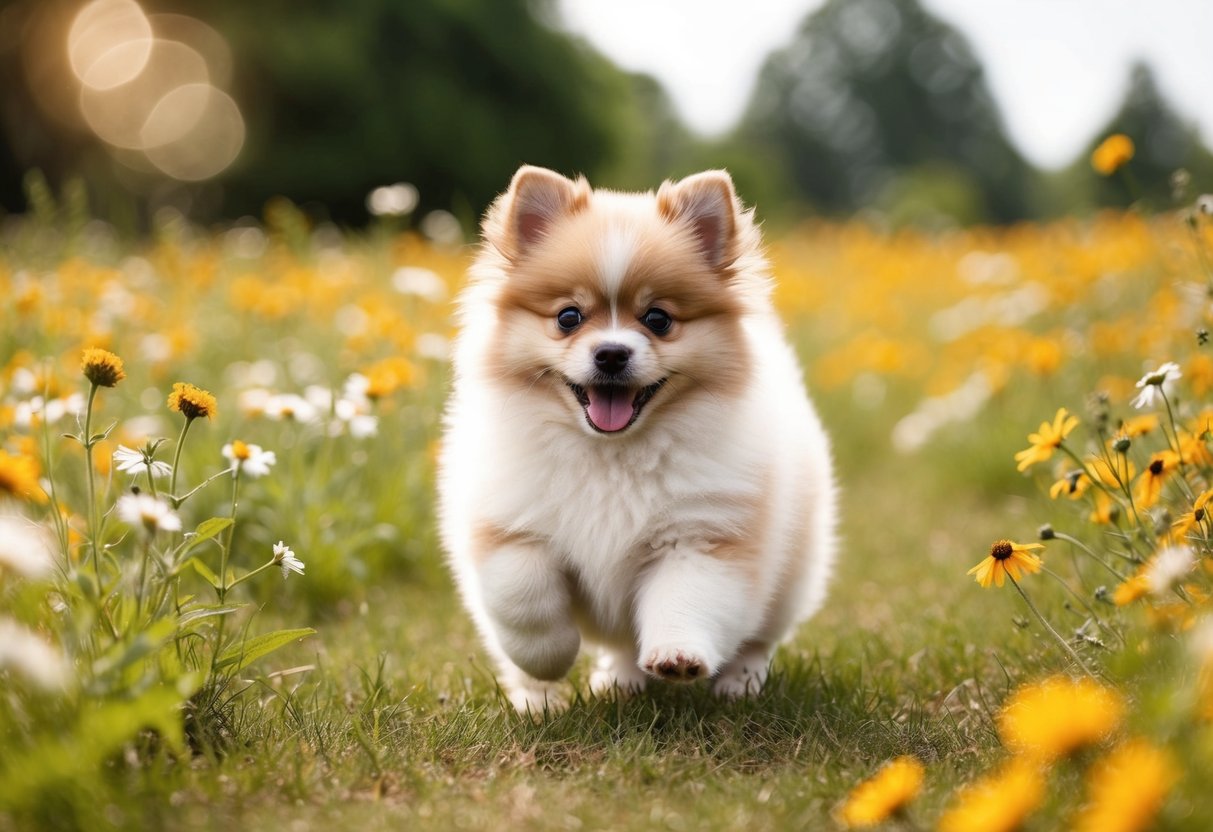 A fluffy Pomeranian puppy playing in a field of wildflowers