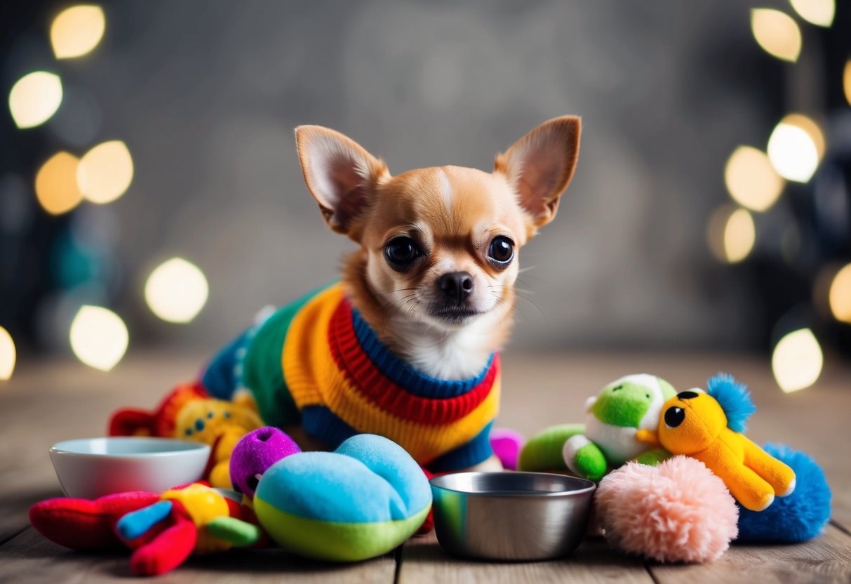 A tiny Chihuahua wearing a colorful sweater, surrounded by a pile of plush toys and a small bowl of water