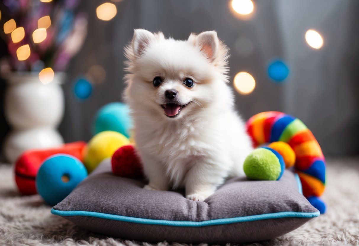 A small fluffy white Pomeranian puppy with bright, curious eyes and a playful expression, sitting on a plush cushion surrounded by colorful toys