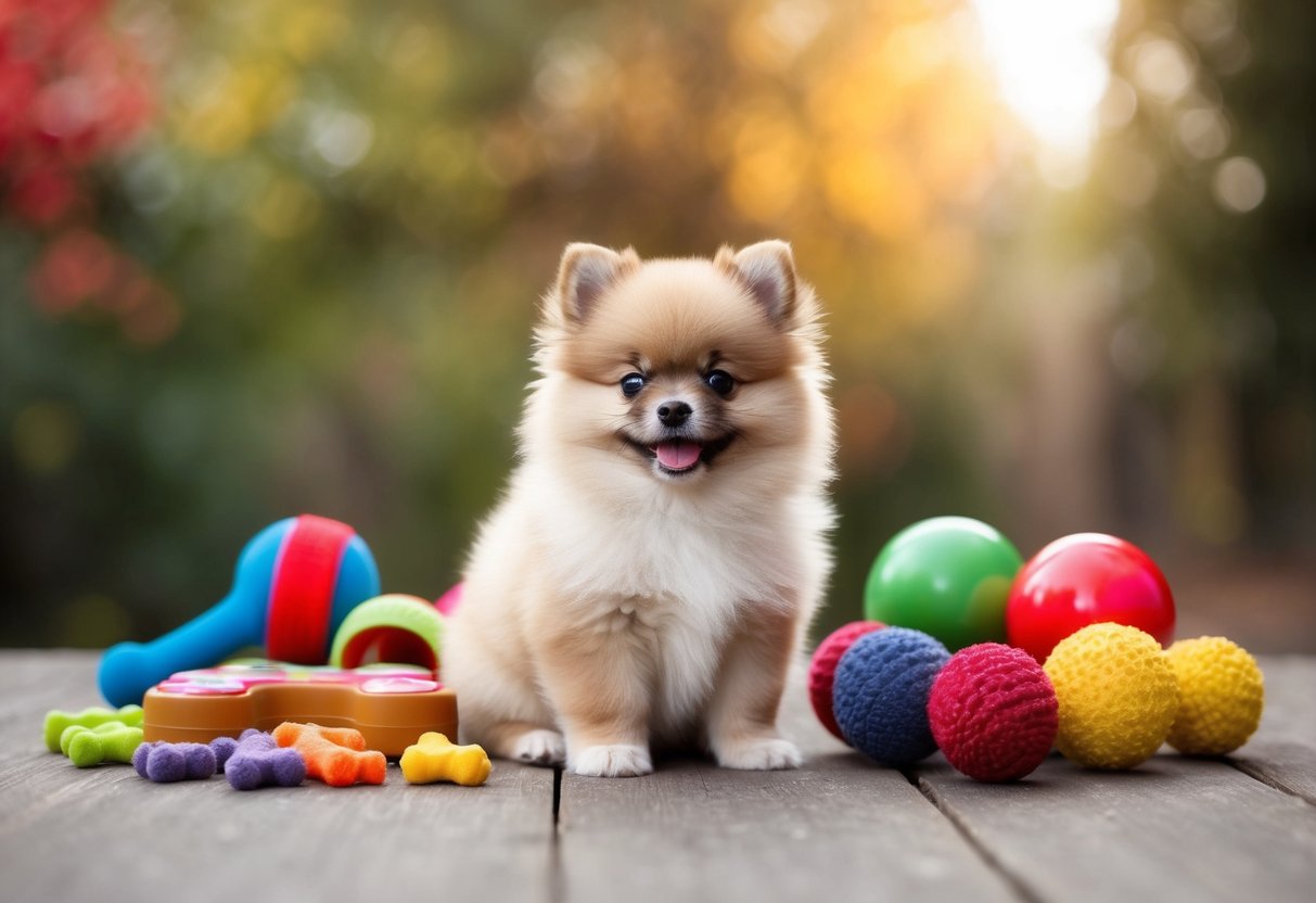 A small fluffy Pomeranian puppy sitting next to a colorful assortment of dog toys and treats