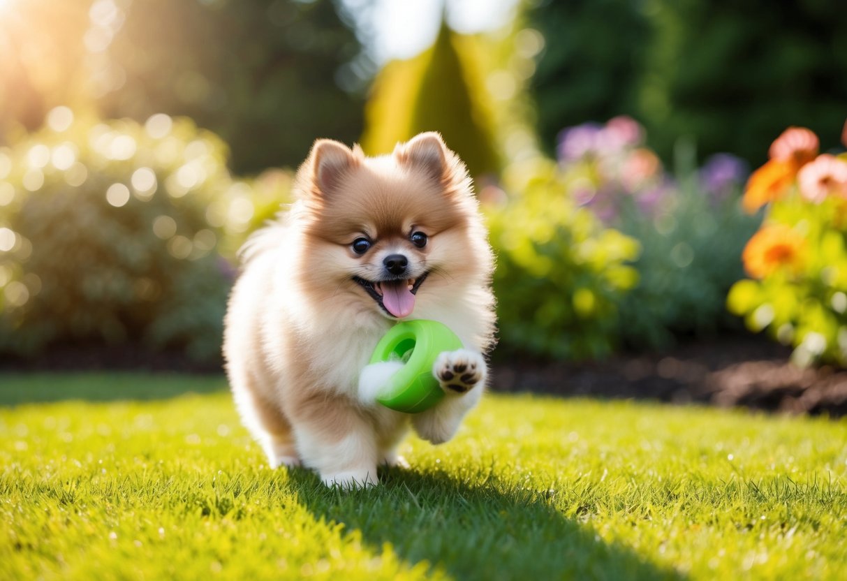 A fluffy Pomeranian puppy playing with a squeaky toy in a sunlit garden