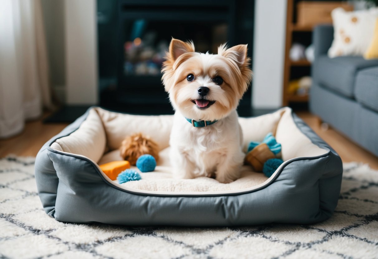 A small fluffy dog sitting in a cozy bed, surrounded by toys and treats, with a happy expression on its face