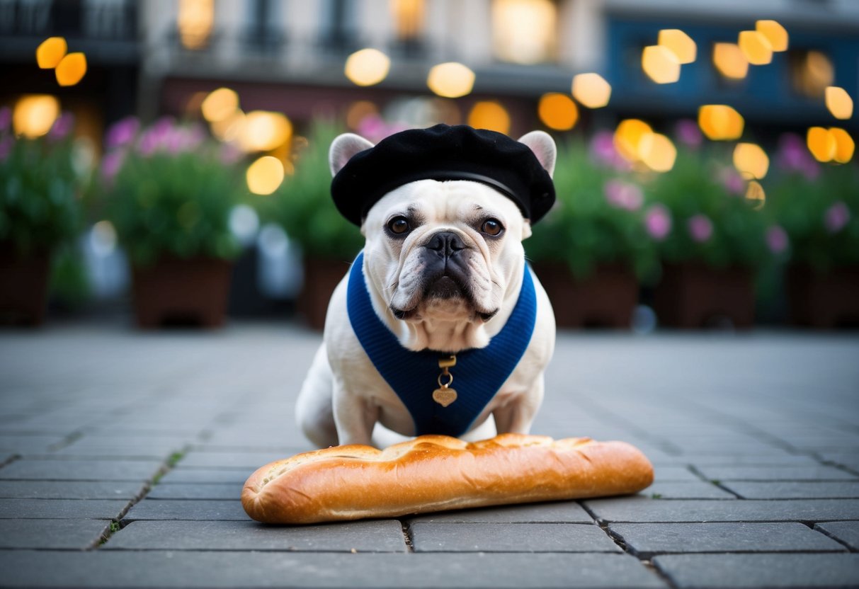 A French bulldog wearing a beret and sitting in front of a baguette