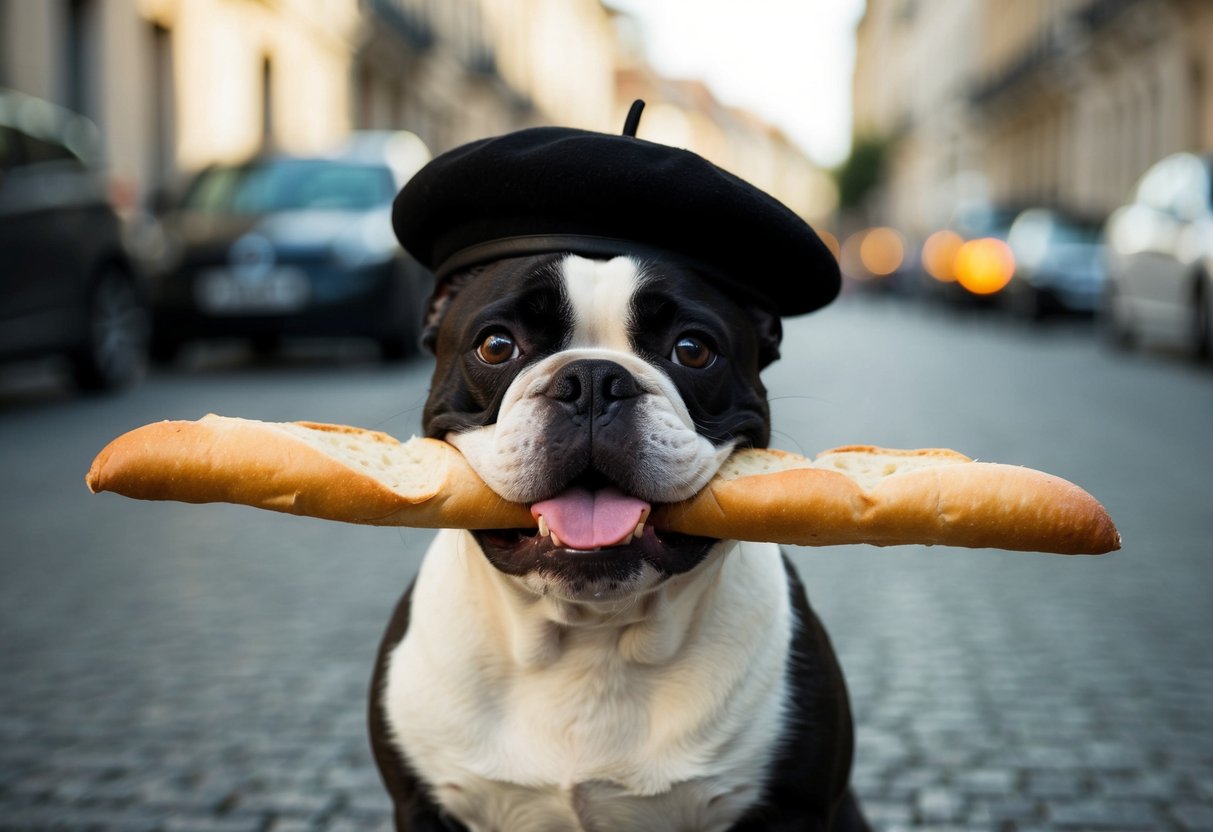 A French bulldog wearing a beret and holding a baguette in its mouth