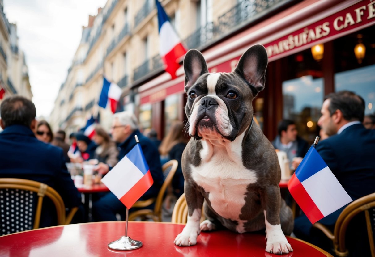 A French Bulldog sitting in a Parisian café, surrounded by people and French flags