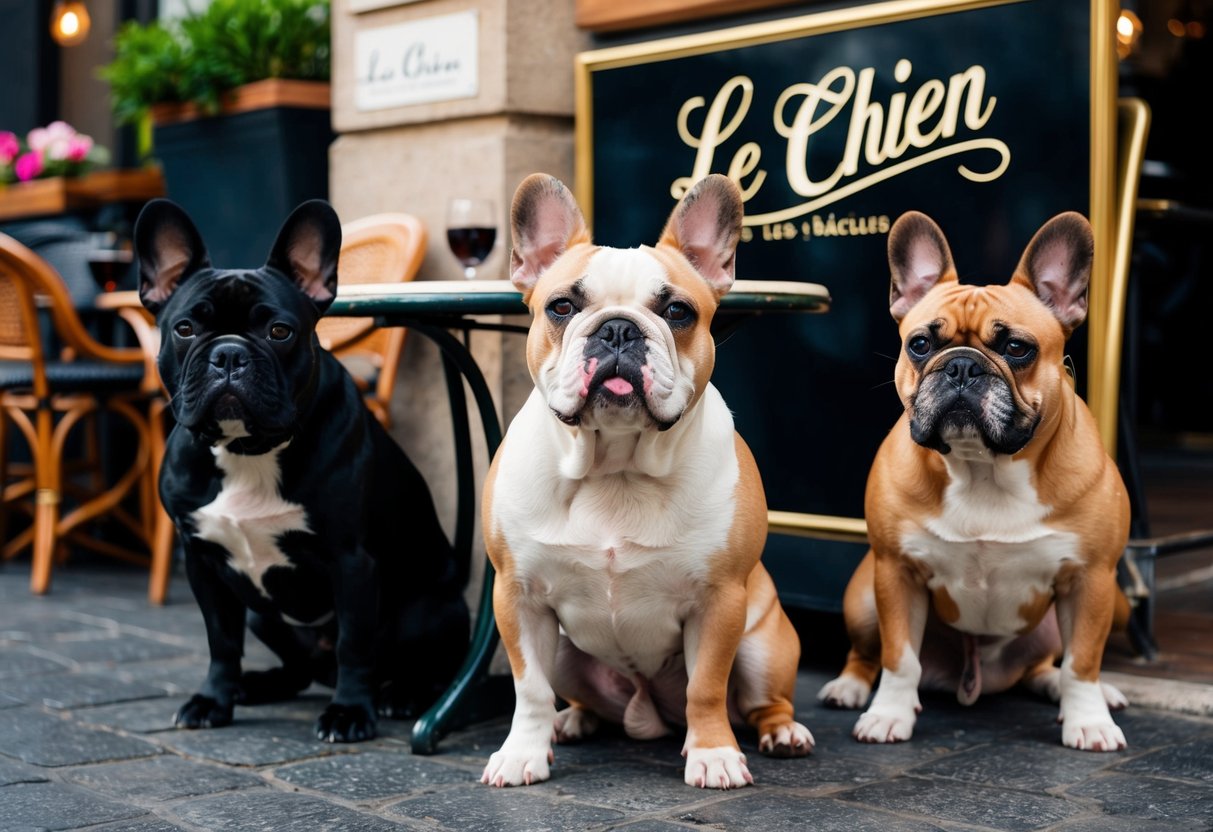A French bulldog sits under a Parisian cafe table, surrounded by other French breeds. A sign reads "Le Chien" in elegant script