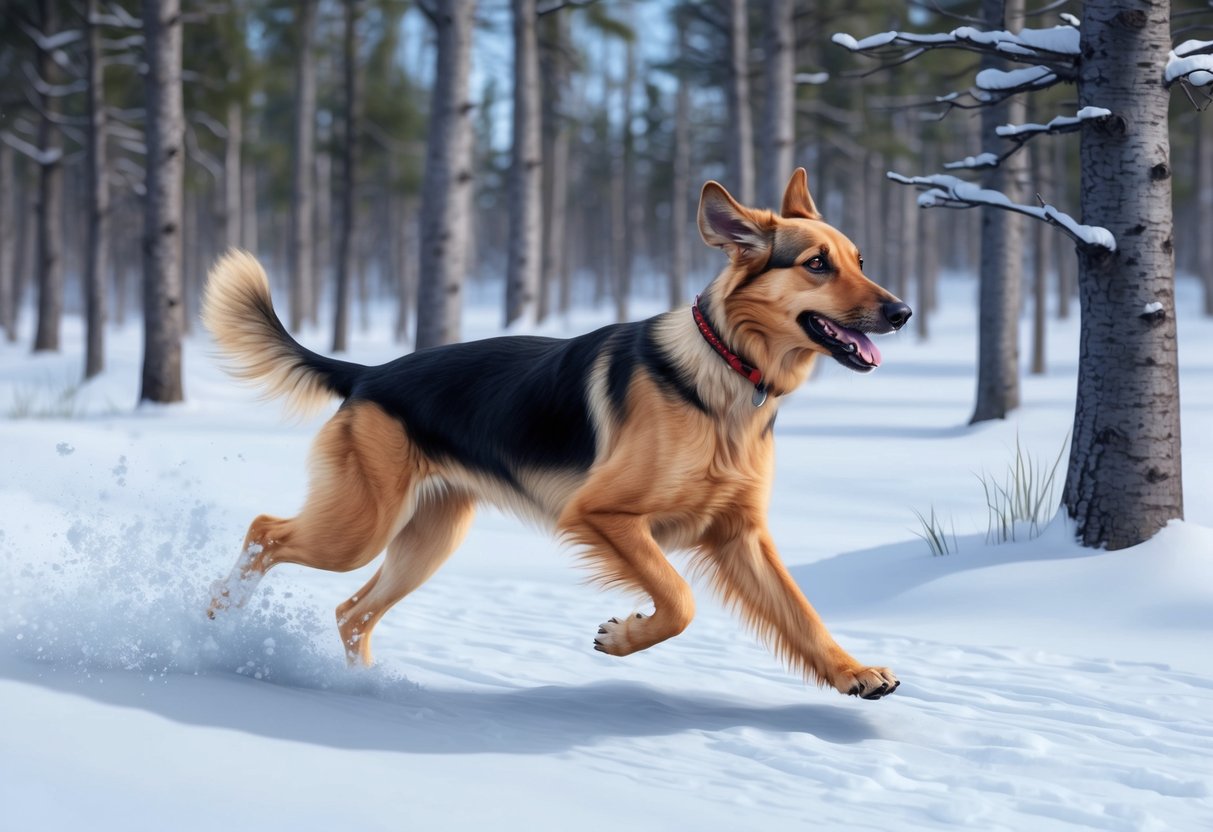 A Norwegian Elkhound dog running through a snowy forest