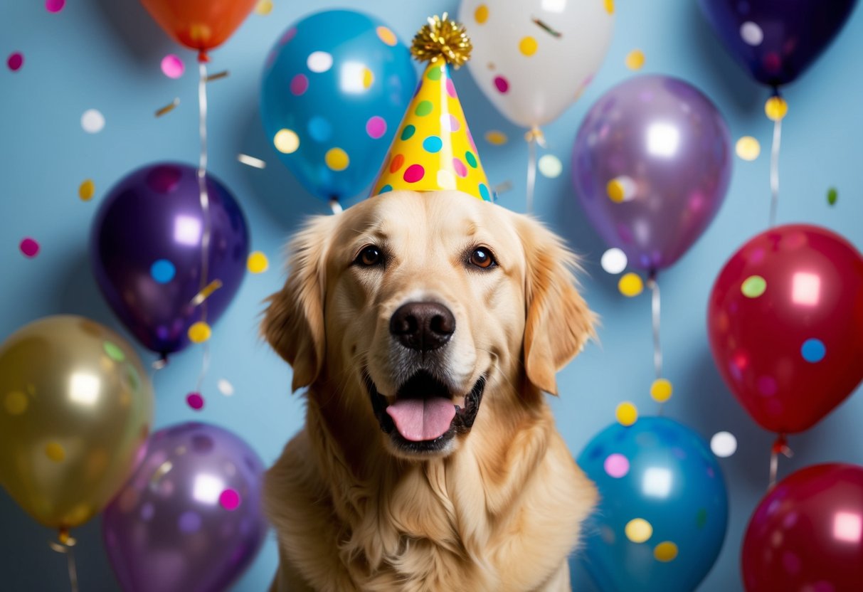 A golden retriever named Max wearing a party hat surrounded by confetti and balloons