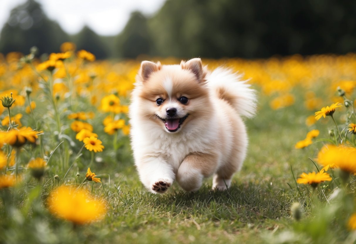A small fluffy Pomeranian puppy playing in a field of wildflowers