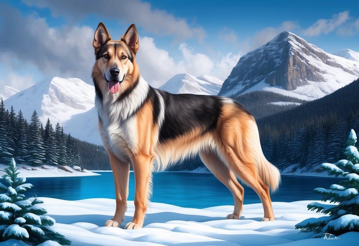 A Norwegian Elkhound stands proudly in a snowy forest, with a backdrop of rugged mountains and a serene, icy blue lake