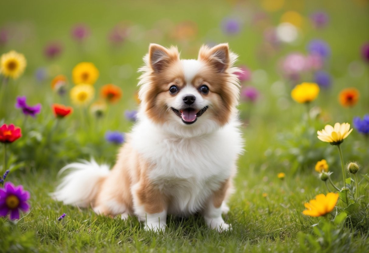 A small fluffy dog sitting on a grassy field, surrounded by colorful flowers, with a happy expression and wagging tail